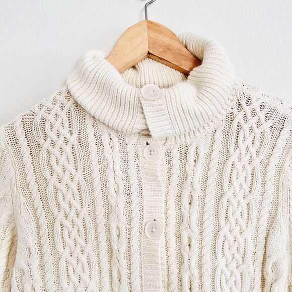 Talbots Cable Knit Fisherman Cardigan Sweater Size L Cream READ - Picture 4 of 14
